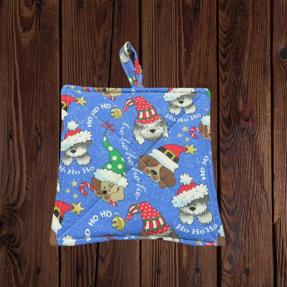 Potholder, Set of 2 Reversible Christmas Dogs GLITTER FABRIC and Christmas Trees